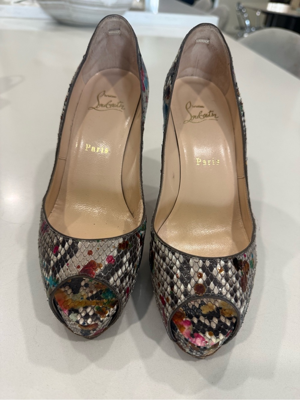 Christian Louboutin Multicolor Snakeskin Peep-Toe Pumps with Bright Accents - Picture 2 of 8